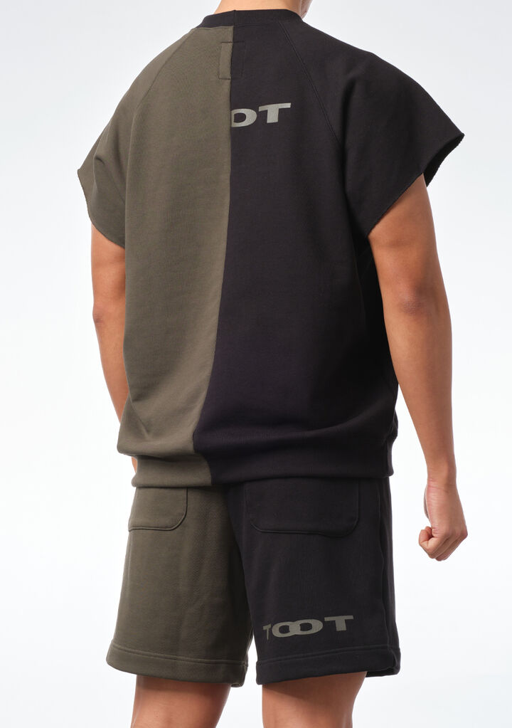 Two-tone Colored Cropped Sleeve T-shirt,khaki, medium image number 3