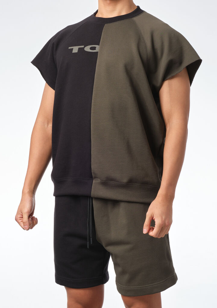 Two-tone Colored Cropped Sleeve T-shirt,khaki, medium image number 1