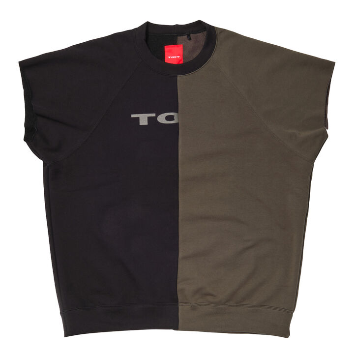 Two-tone Colored Cropped Sleeve T-shirt,khaki, medium image number 0