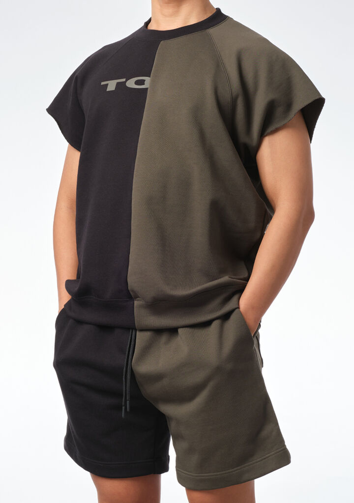 Two-tone Colored Cropped Sleeve T-shirt,khaki, medium image number 2